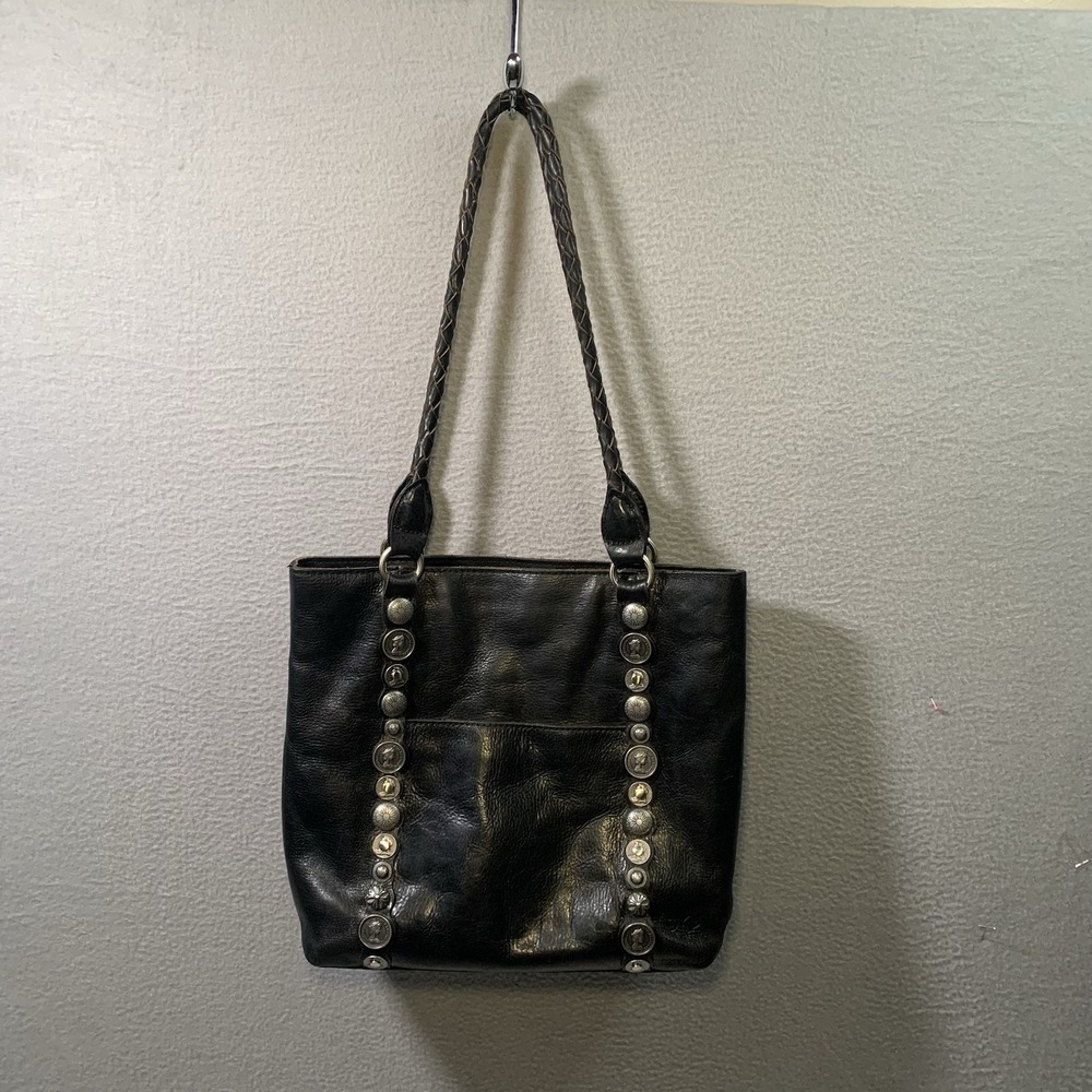 Patricia Nash Renaissance Coin Tote Bag Leather Black Silver Braided Handles